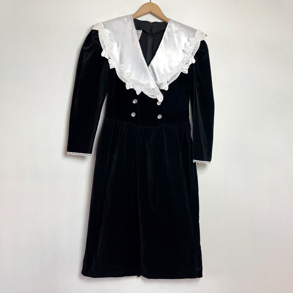 Vintage 80s Velvet Black Dress Sailor Collar Sz S/M Gothic Romantic Edwardian